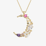 Halbmond mit Magnolienblüten Gold Silber Halskette LMLKL03488-GO