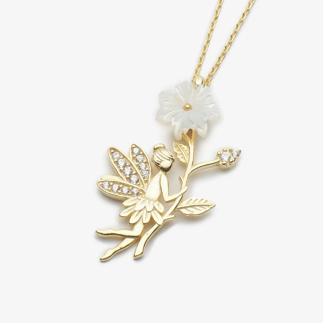 Magnolie Blume mit Fee Gold Silber Halskette LMLKL02996-GO
